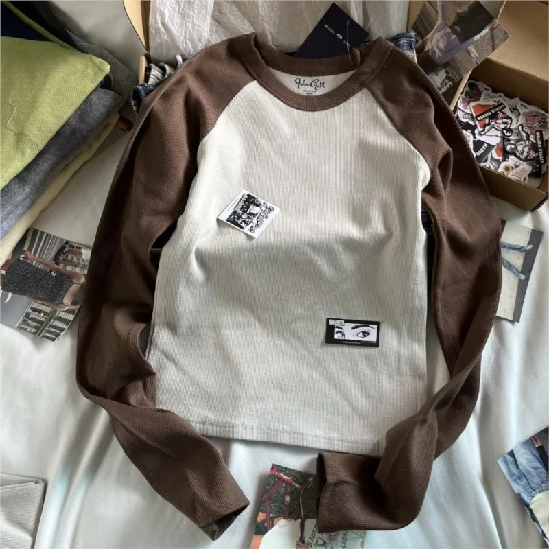 Retro Patchwork Ribbed T-shirt Women Autumn Casual O-Neck Cotton Long Sleeve Tee Shirt Vintage Streetwear Chic T Shirt Y2K Tops