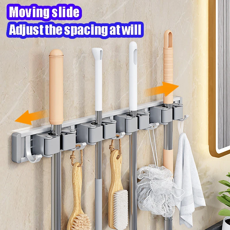 Wall Mounted Mop Holder 3/4/5 Position Multi-Functional Broom Hanger Shelf Home Kitchen Storage Magic Aluminum Alloy Mop Holder