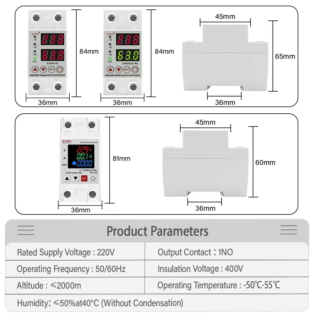 40A 63A 230V Din Rail Adjustable Digital Over Voltage Under Voltage Relay Over Current Protection kWh 220V Energy Meter