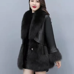 Fur Coat Women Jacket Coat 2024 Winter New Leather Jacket Slim Mid-length Fox Fur PU Leather Coat Stitching Haining Coat