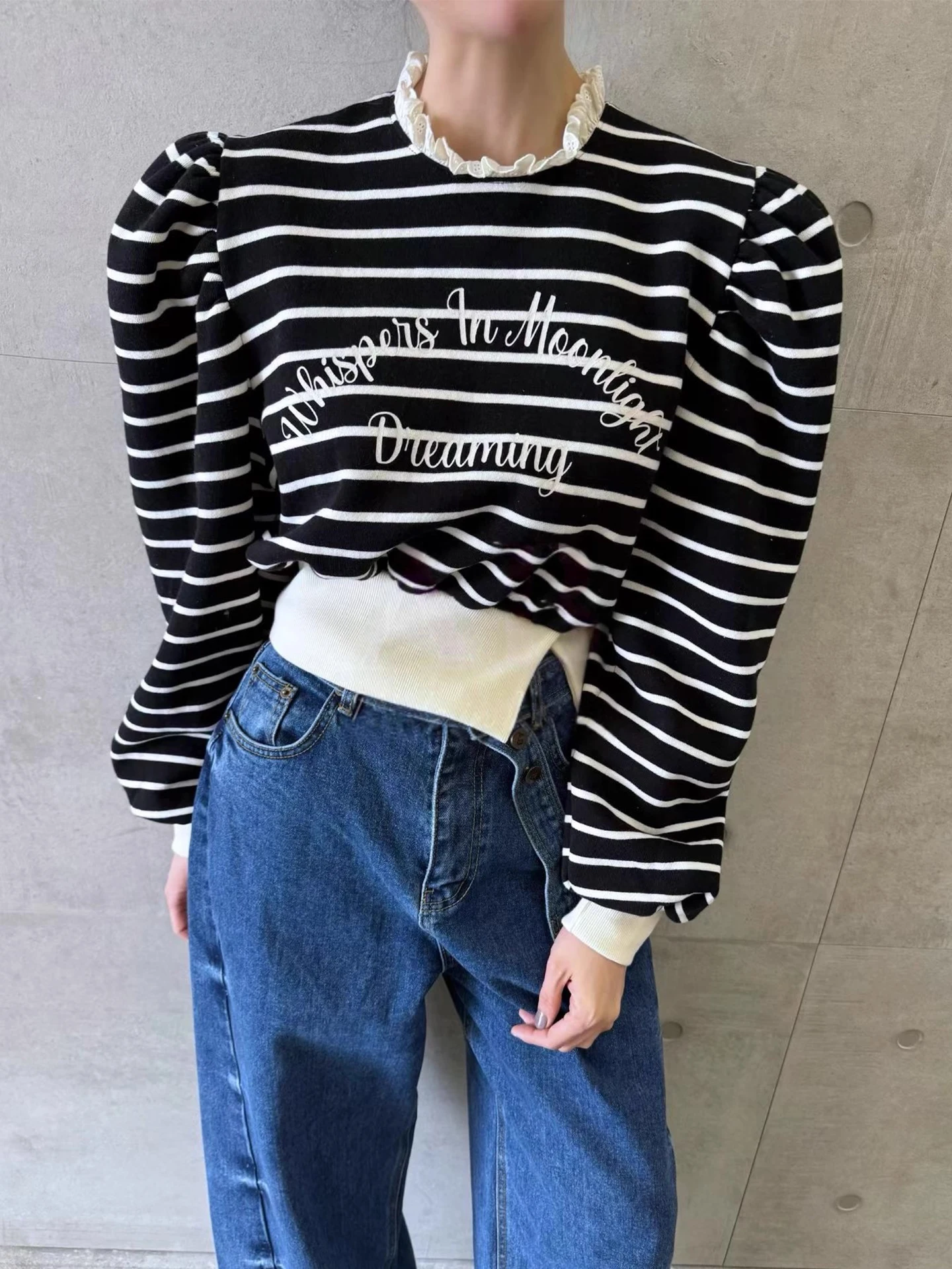 Women's Loose Bubble Sleeve Short Stripe Sweatshirt Spring Autumn New Style Side Split Design Fashionable Casual Top