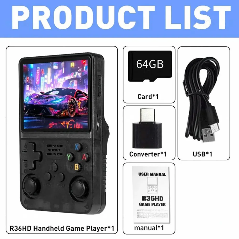WUDS R36HD Retro Handheld Console Dispositivo de jogo de bolso portátil 64GB Cartão TF Tela IPS de 3,5 polegadas Sistema Linux