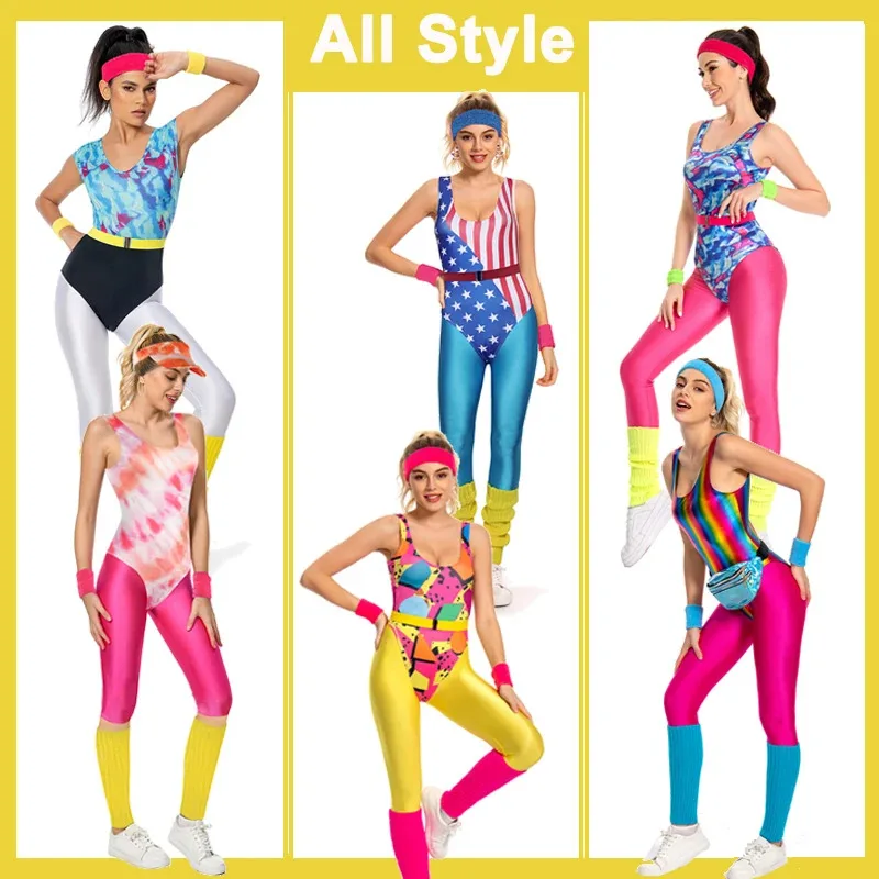 

6 Style Retro Bodysuit Tracksuit Outfits 80s 90s Hippie Disco Cosplay Color Printing Costume Jumpsuit Yoga Clothes Halloween