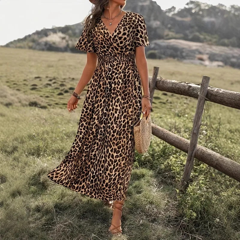 

2026 Spring/Summer New Women's Dress with Dark Brown Leopard Pattern Waist Drawback and Holiday Style Sexy Long Dress V-neck