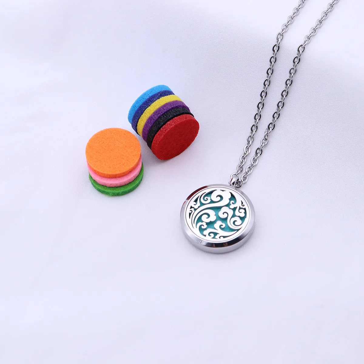 

Essential Oil Diffuser Necklace Locket Pendant Silver 10 Color Refill Pads Chain Mini Size Hypoallergenic 316L Stainless Steel