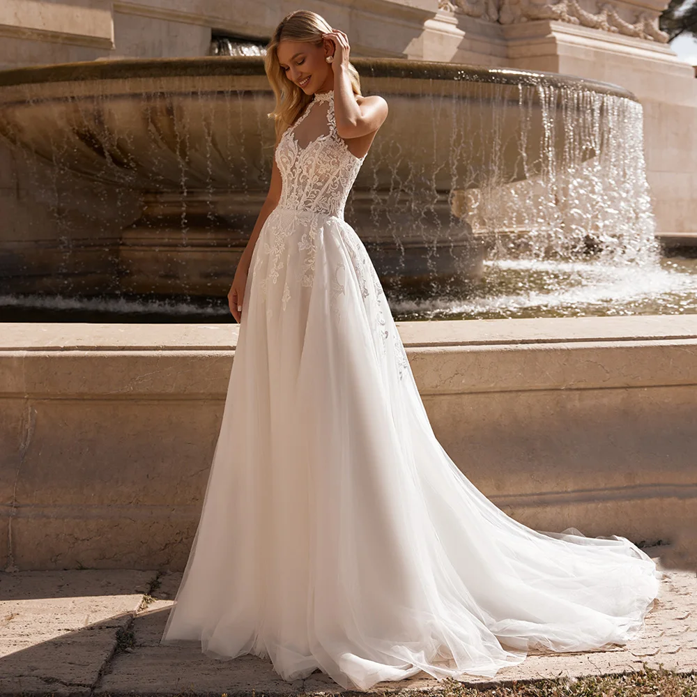 Abito da sposa sexy con scollo all'americana personalizzato senza maniche trasparente con applicazioni in pizzo Sweep Train Abito da sposa linea A per la sposa