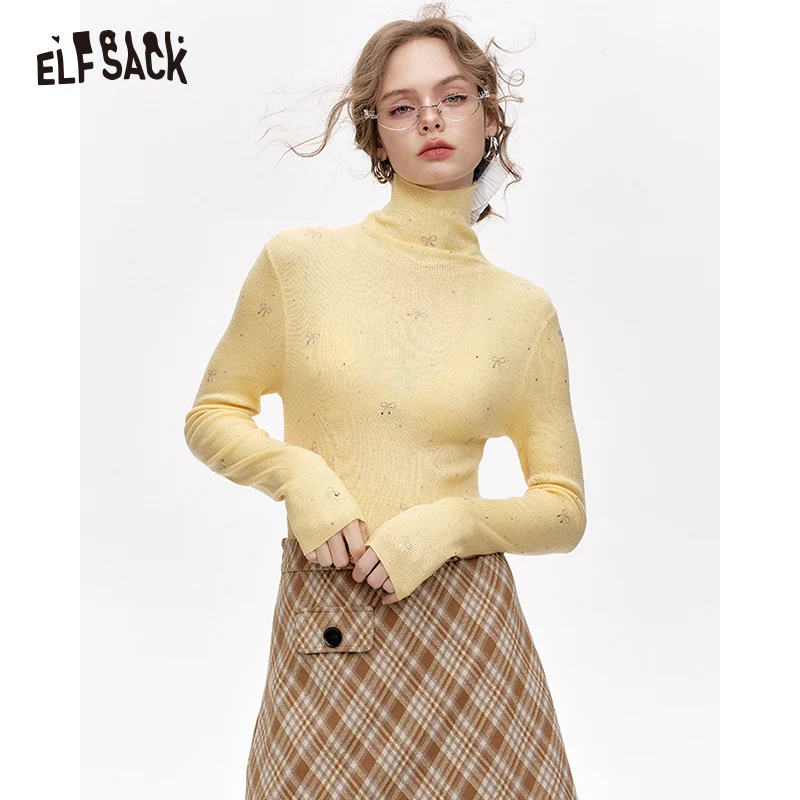 

ELFSACK 2024 Winter New Arrivals Sweet turtleneck bow fine glitter slim-fitting knitted sweater for women