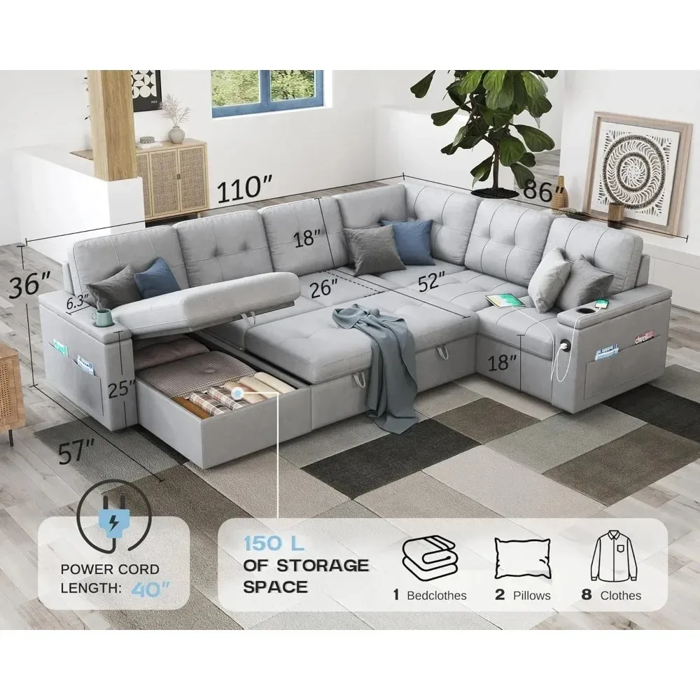 110 Inch Sofa Bed Sleeper Couch Bed with 2 USB & Cup Holders Oversized U Shaped Pull Out Couch