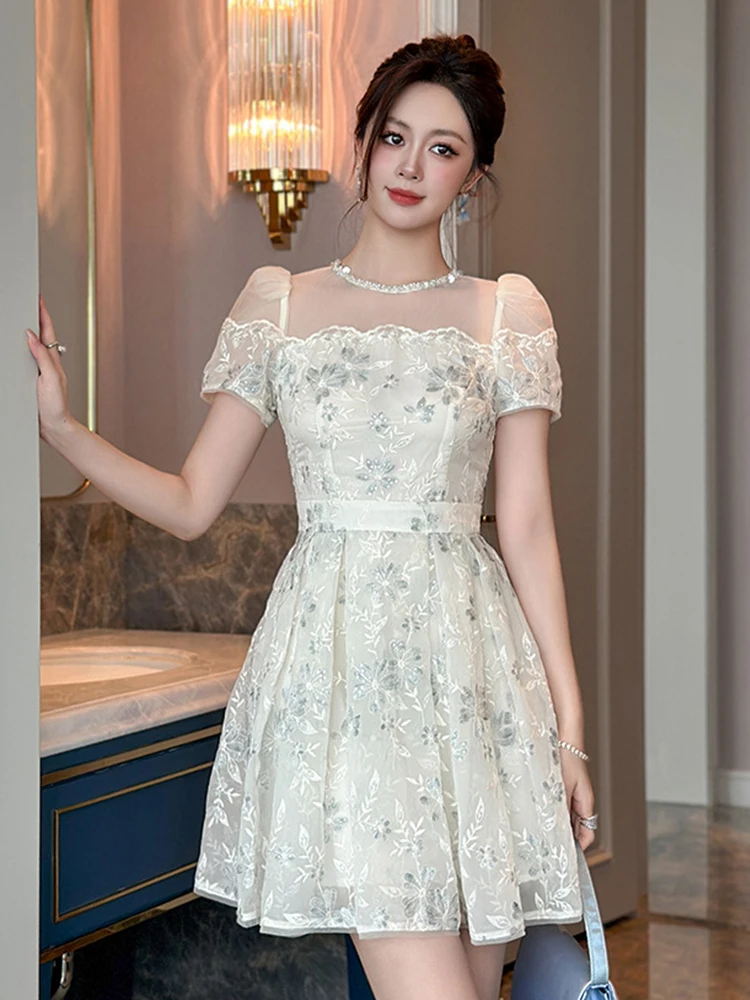 Vrouwen Kleding Zilverachtige Heldere Zijde Bloemen Korte Jurk Elegante Sexy Off-Shoulder Slanke A-lijn Mini Vestidos Zoete Formele Party prom