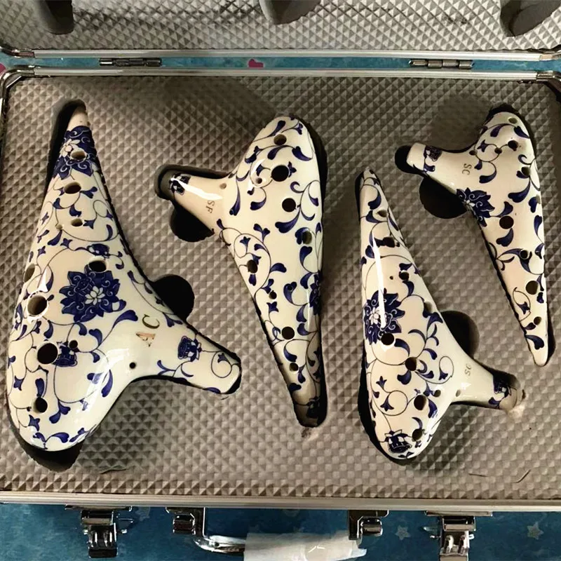12 Hole Ocarina, AC SF SG SC Tuned Blue and White Porcelain Set, 4 Pieces, High-End Gift Box Included