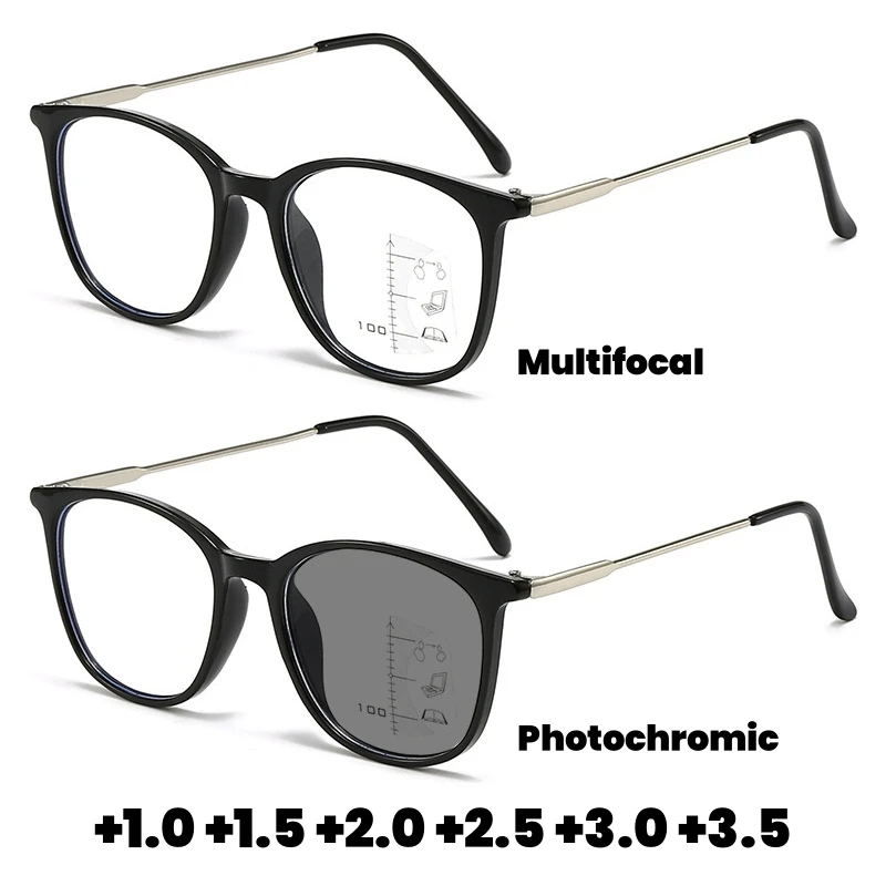 Anti-blue Light Multifocal Far Sight Glasses Large Frame Photochromic Reading Glasses Far&Near Dual-purpose Presbyopia Glasses