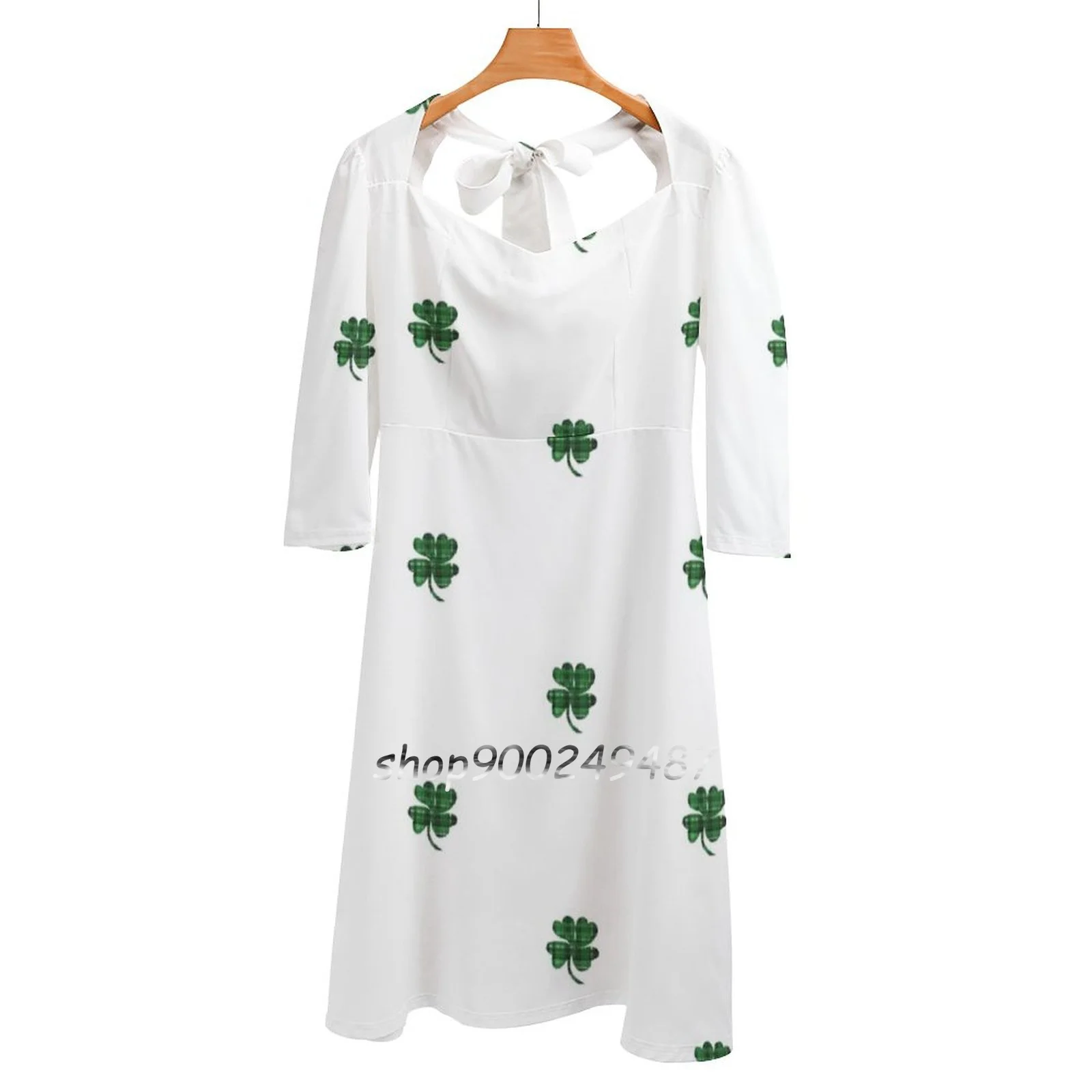 Four Leaf Plaid Clover Square Neck Dress Cute Loose Print Dresses Elegant Beach Party Dress St Patricks Day Art St Patricks Day