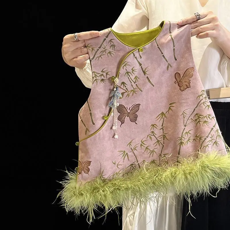 

2025 Chinese Traditional Pink Butterfly Printed Green Plush Decoration Sleeveless Tang Suit Vest Girls Children New Year Dresses