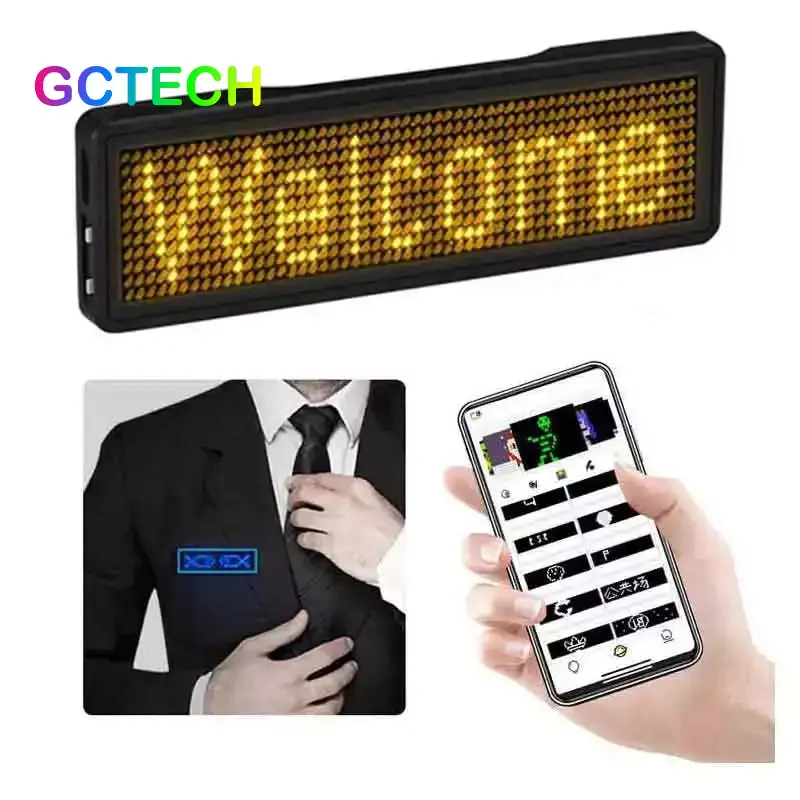 LED Mini Display Breastpiece DIY Programmable Scrolling Message  LED Name Tag Badge Module Rechargeable Bluetooth capable