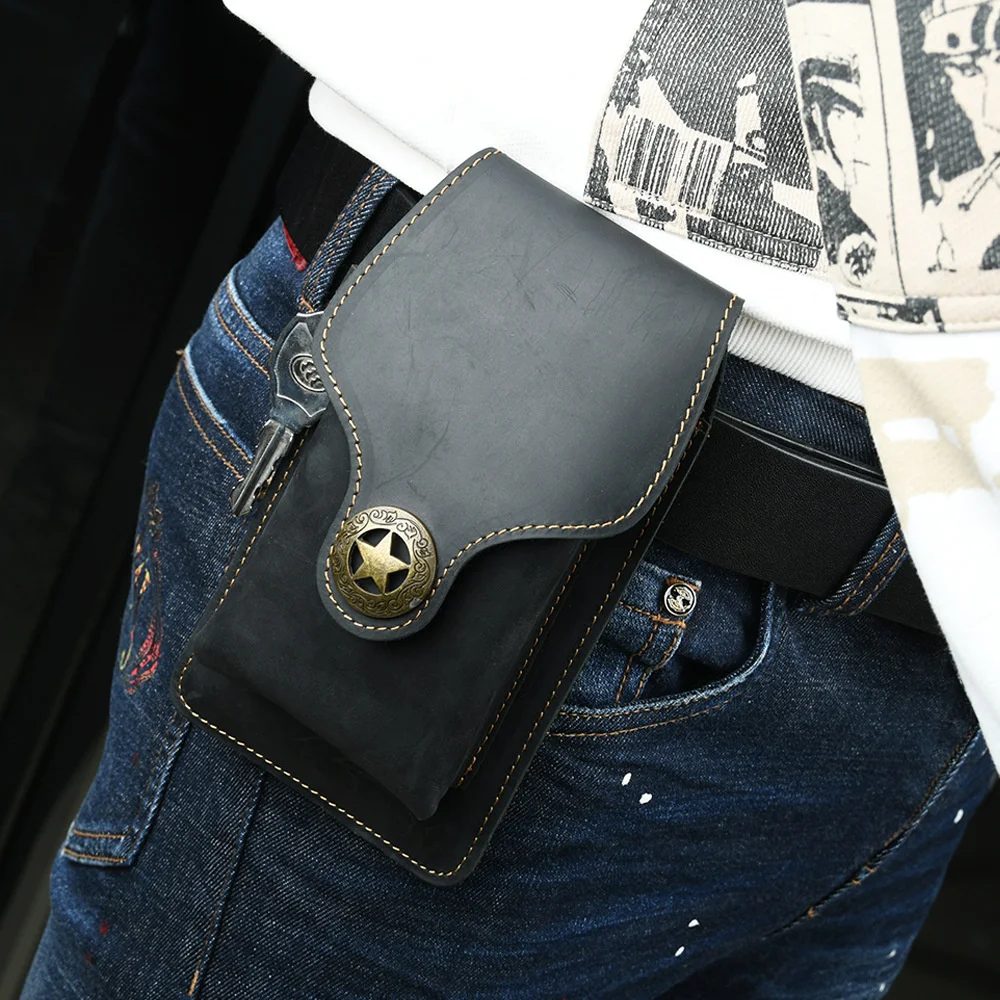 AIGUONIU Genuine Leather Waist Bag Men Vintage Crazy Horse Cowhide Mini Belt Waist Pack Cigarette Case Pouch Male Lighter Pocket