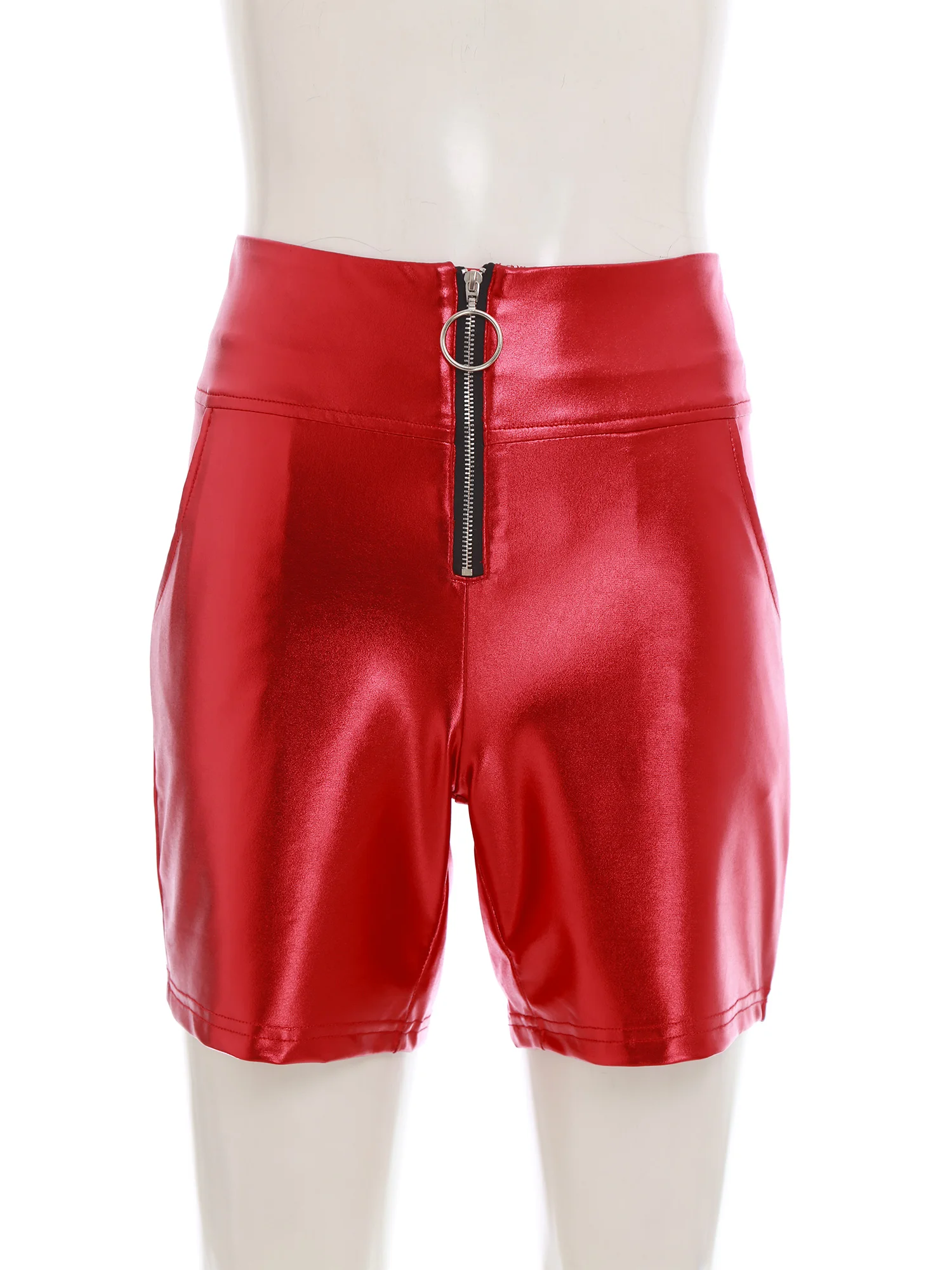 إمرأة لامع لامع موتور السائق قصيرة عالية الخصر سستة جيوب Bodycon طماق قصيرة ضيق ركوب الرقص سلامة السراويل #4