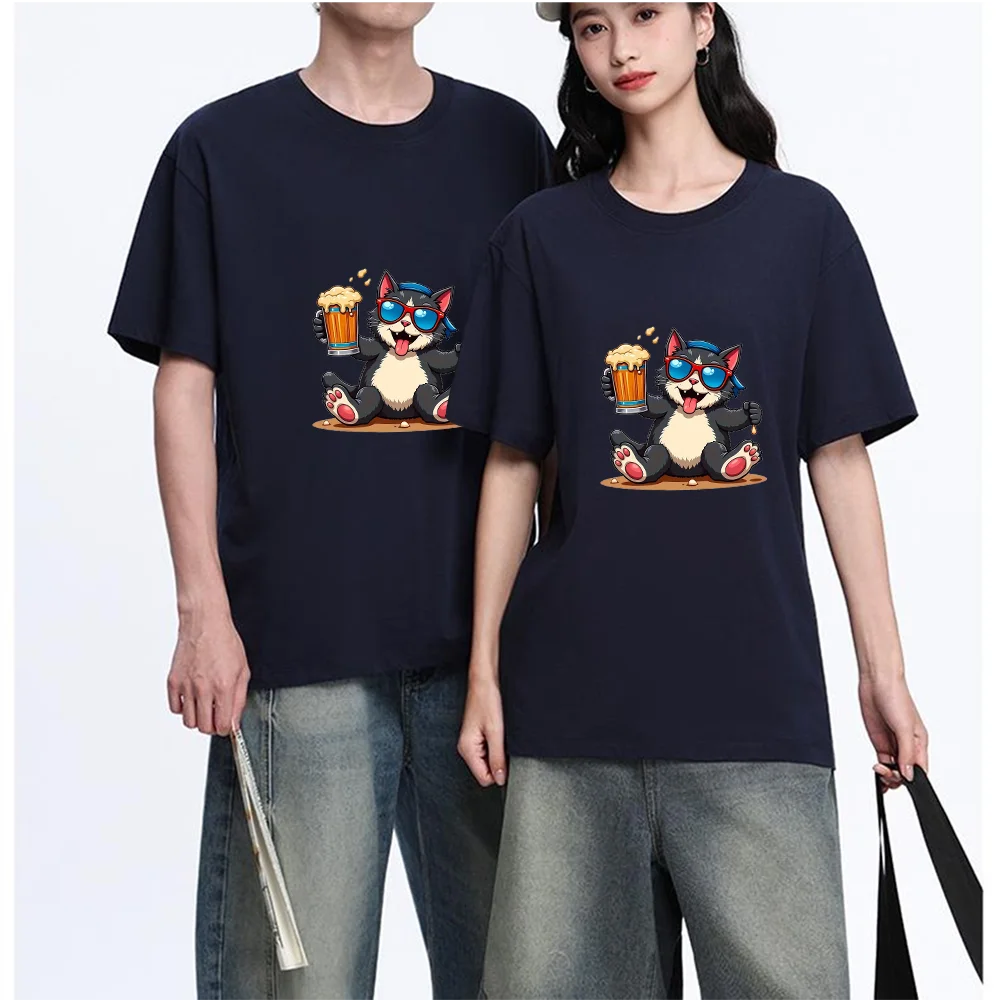 Cat With Beer Glass Sunglasses Bandana Graphic Printed T Shirt Breathable Fabric S-XXL Personalized Custom T Shirt Casual Short
