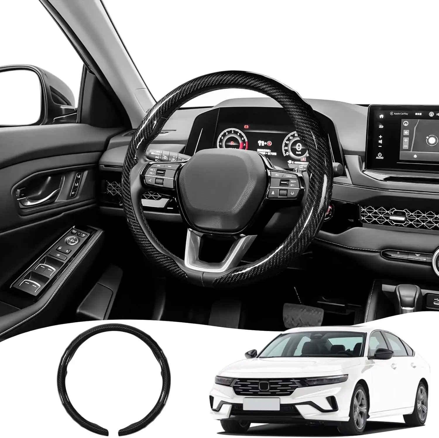

Carbon Fiber Pattern Steering Wheel Cover - Black, 15-inch Universal Fit Protective Decorative Accessory