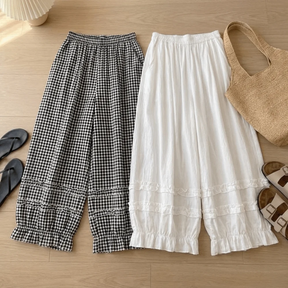 Breathable High Waist Wide Leg Pants Elastic Waist Gingham Plaid Harem Pants Loose Fit Thin Fabric Cropped Pants Casual Outfits