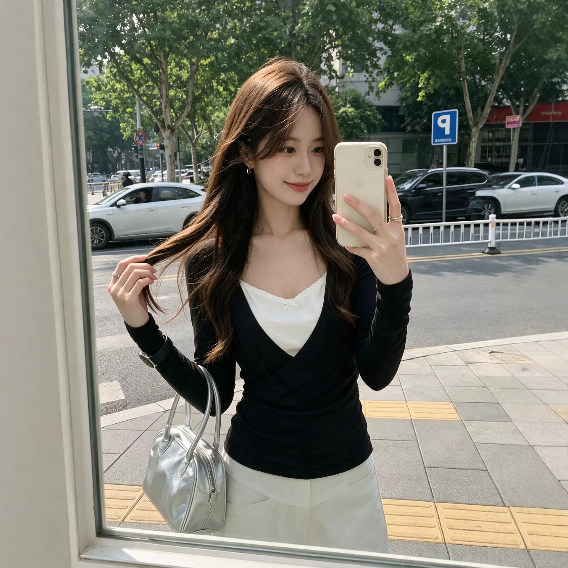 V-neck False 2 Pieces Long Sleeve T-shirts Women Kpop Fashion Slim Tops Y2K Vintage Sexy Tees Winter Cheap Clothes Woman Tshirts