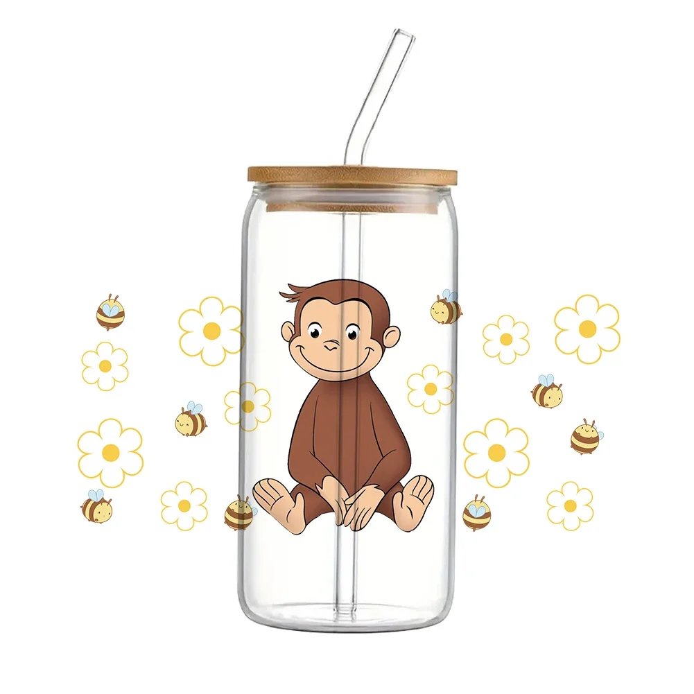 Curious George For Libbey 11x24cm Popular Anime 16oz Can Glass 3D Waterproof UV DTF Coffee Can Wrap Libbey Glass Wrap