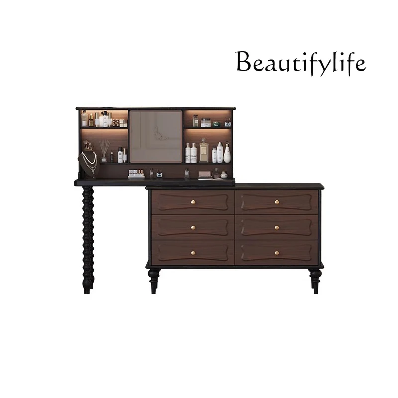 

American light luxury solid wood dresser simple antique double color ribbon mirror six chest cabinet storage makeup table