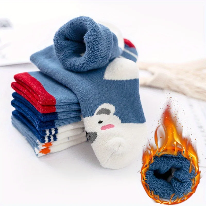 5 Pairs Thick Terry Winter Kids Socks Cute Bear Pattern Warm Thermal Cotton Boys Mid‑Calf Socks