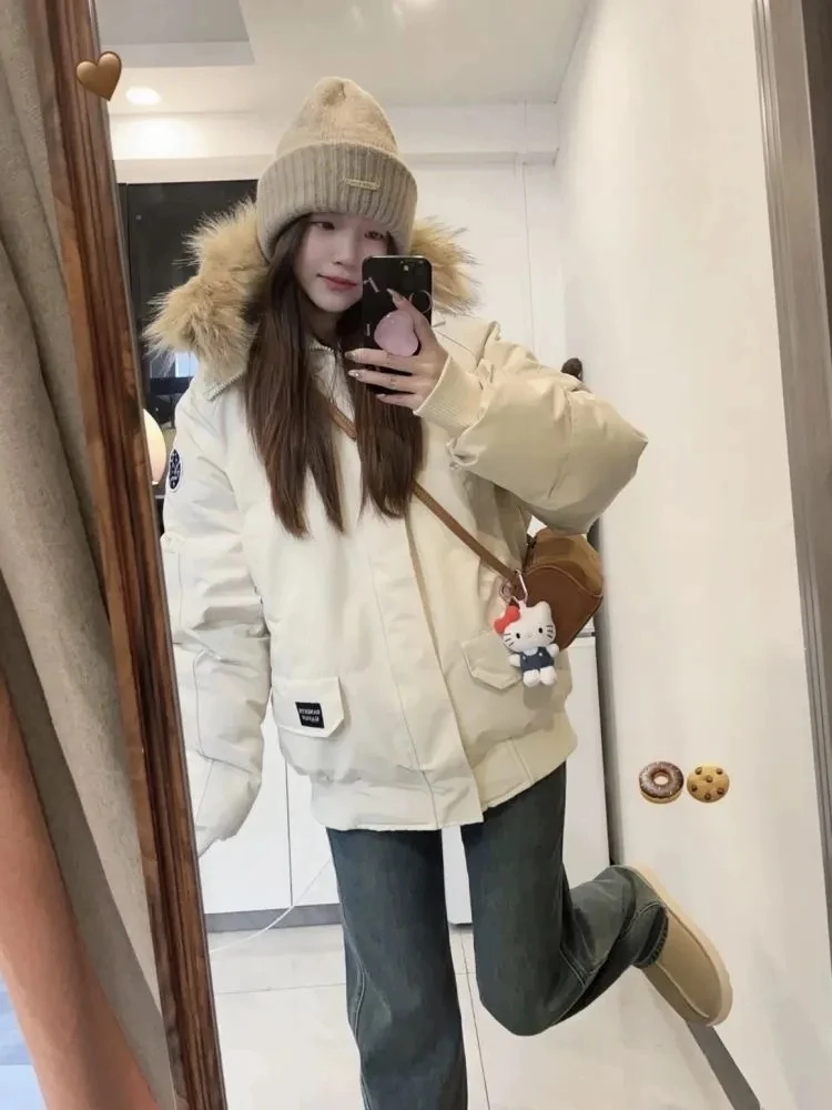 Winter Clothes Women American Vintage Parke Hair Collar Cotton Jacket Loose Thickened Warm Cotton coat Hiah Street Versatile