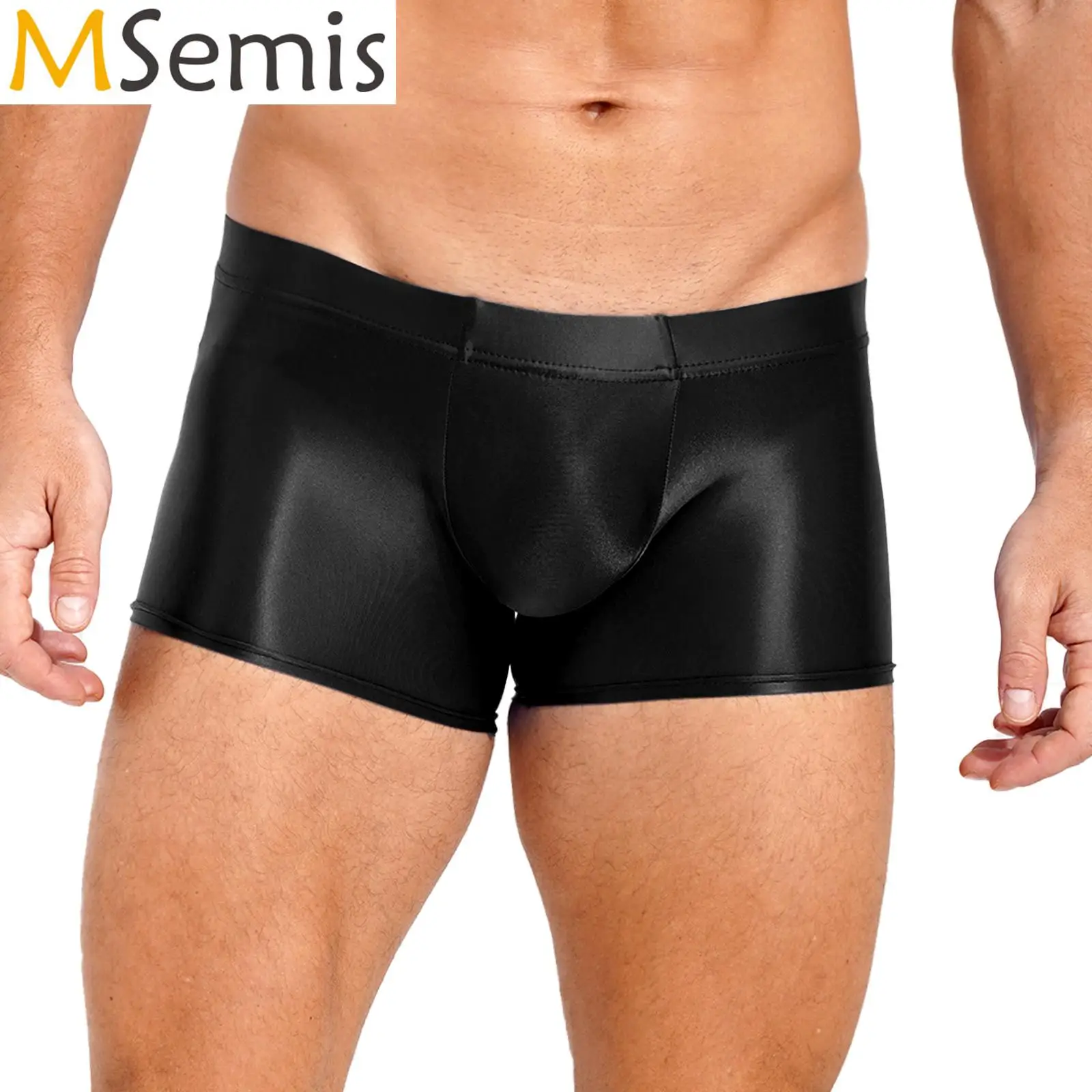 Boxer Briefs for Mens Male Swimming Shorts Trunk Swimwear Swimsuit Glossy Underwear Solid Color Boxer Bottom Low Rise Underpants