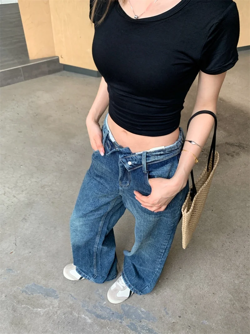 

Retro Style Loose Fit Low Waist Blue Washed Denim Jeans Women's Summer Slim Straight Long Trousers Casual Wide Leg Pants