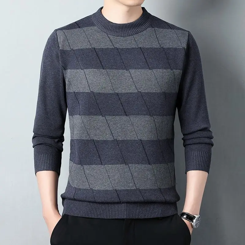 Autumn Winter Thickened Fleece Sweater Men Striped Fashion Versatile Casual Half High Collar Patchwork Long Sleeve Warm Knit Top