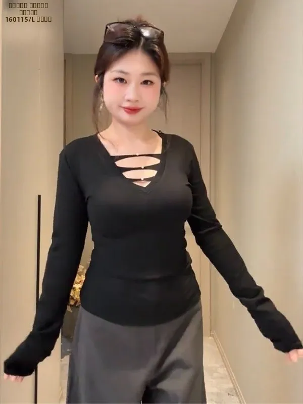 Plus Size Damen-T-Shirt mit V-Ausschnitt und langen Ärmeln, schmal geschnitten, sexy, schlankmachend, Herbst-Winter-Oberteil, elegant und schön