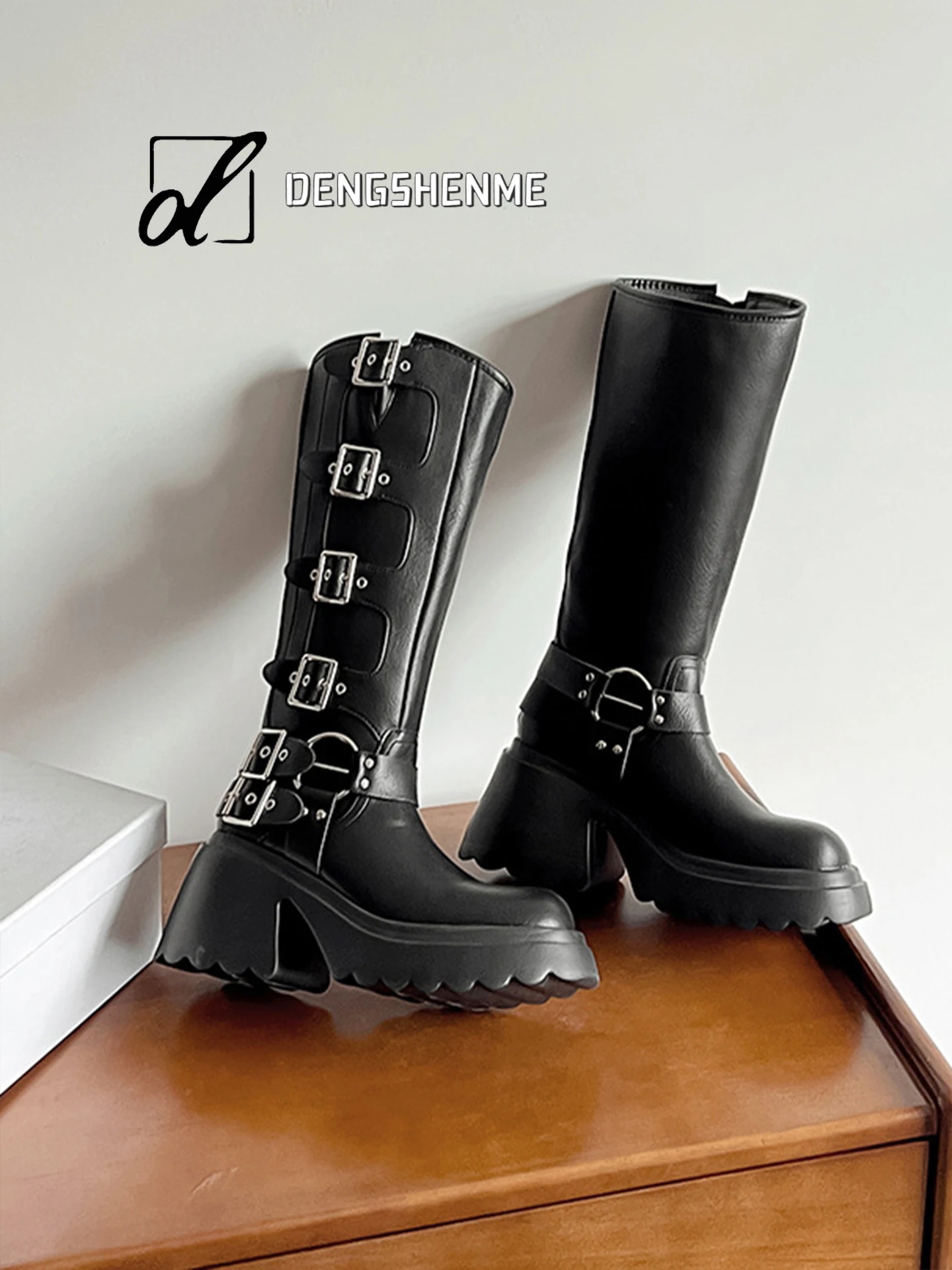 

Western Design Knight Boots Women's Belt Bule Chunky Heel Long Tube Boots ort Girls Heightening Motorcycle Boots