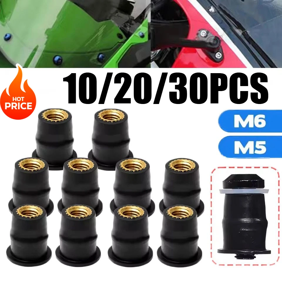 

10/20/30PCS Convex Rubberised Brass Rivet Nut Motorcycle Windscreen Cotter Nut M5/M6 Motorcycle Accessories