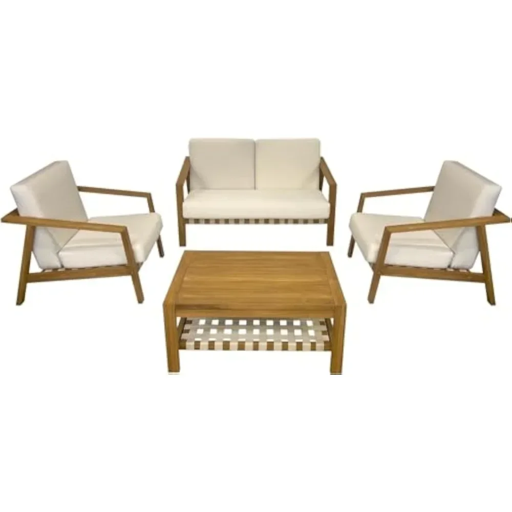 

K 4-Piece Deep Seating Teak Wood Patio Furniture Set, Cushioned Loveseat, Armchairs and Coffee Table 51.25 x 31 x 31.5 inches