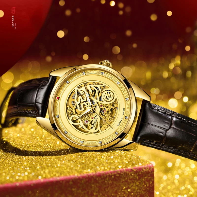 SOLLEN Orologio meccanico cavo di lusso di marca da uomo cinturino in pelle di moda impermeabile orologi automatici scheletrati in oro di fascia alta da uomo