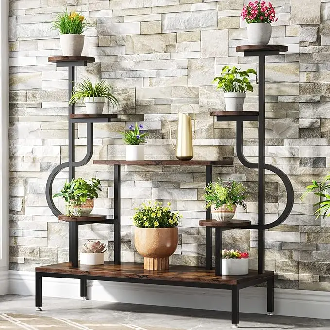 8-Tier Metal Plant Display with Wood Boards, Indoor/Outdoor Flower Rack for Multiple Plants (Rustic Brown & Black)promote sales