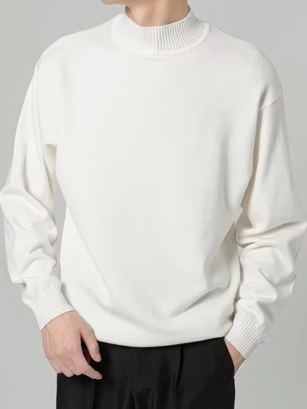 เสื้อสเวตเตอร์ถักคอสูงทรงหลวมสไตล์เกาหลีสำหรับผู้ชาย เสื้อแขนยาวลำลองสำหรับฤดูหนาว