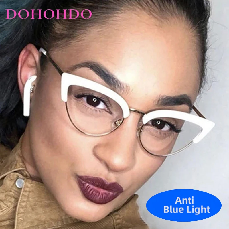 

Vintage Trend Brand Design Metal Cat Eye Half Frame Anti-Blue Light Glasses Men Women Fashion Luxury Computer Eyeglasses Unisex