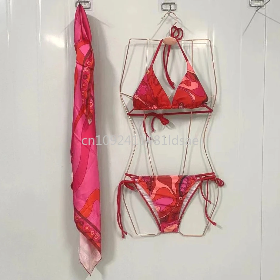 

Fashion Design Women's Red Scarf Bikni Set Set Italy Beach Bathing Suit Designer Brand Scarf Swimsuit