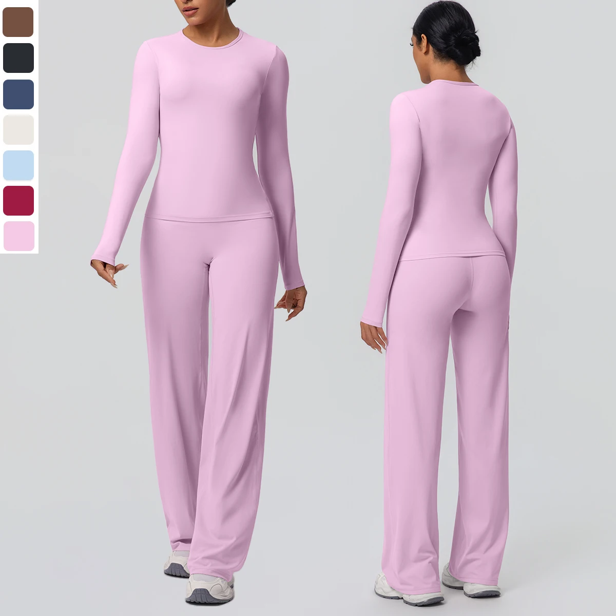 2pieces Women Gym Yoga Set Running Shirts Slim Long Sleeves Workout Top Quick Drying High Stretch Wide Leg Pants Thin Yoga Set