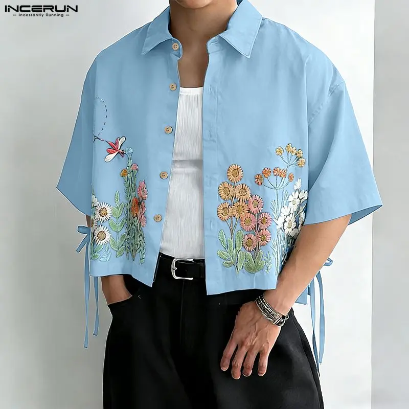 INCERUN Men Shirt Flower Printing Lapel Short Sleeve Summer Men Clothes Streetwear Loose 2026 Fashion Casual Tops Shirts For Man