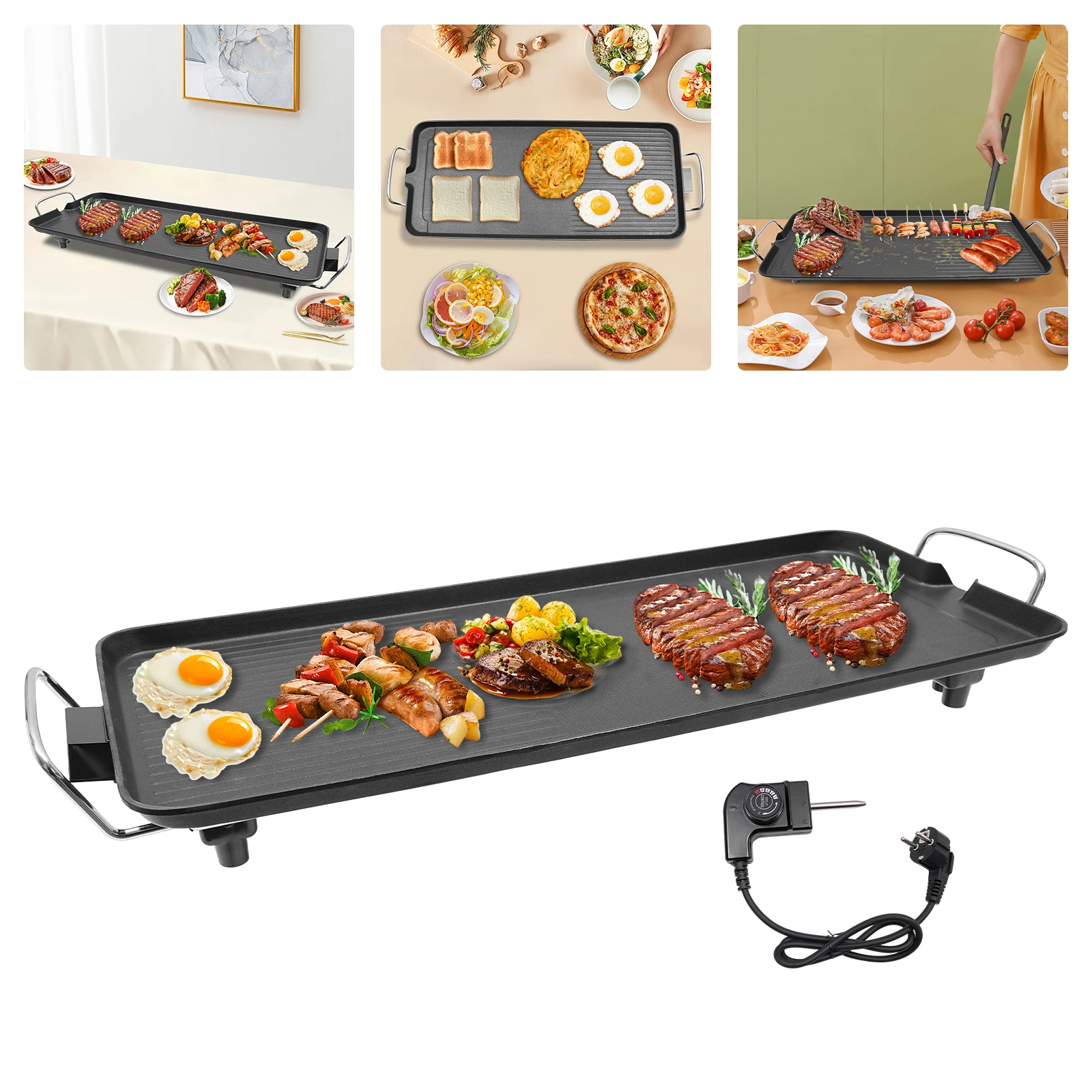 Plancha Eléctrica de Mesa de 1500W con Revestimiento Antiadherente, Temperatura Ajustable, 68x28cm, Plancha Teppanyaki, Parrilla para Barbacoa al Aire Libre