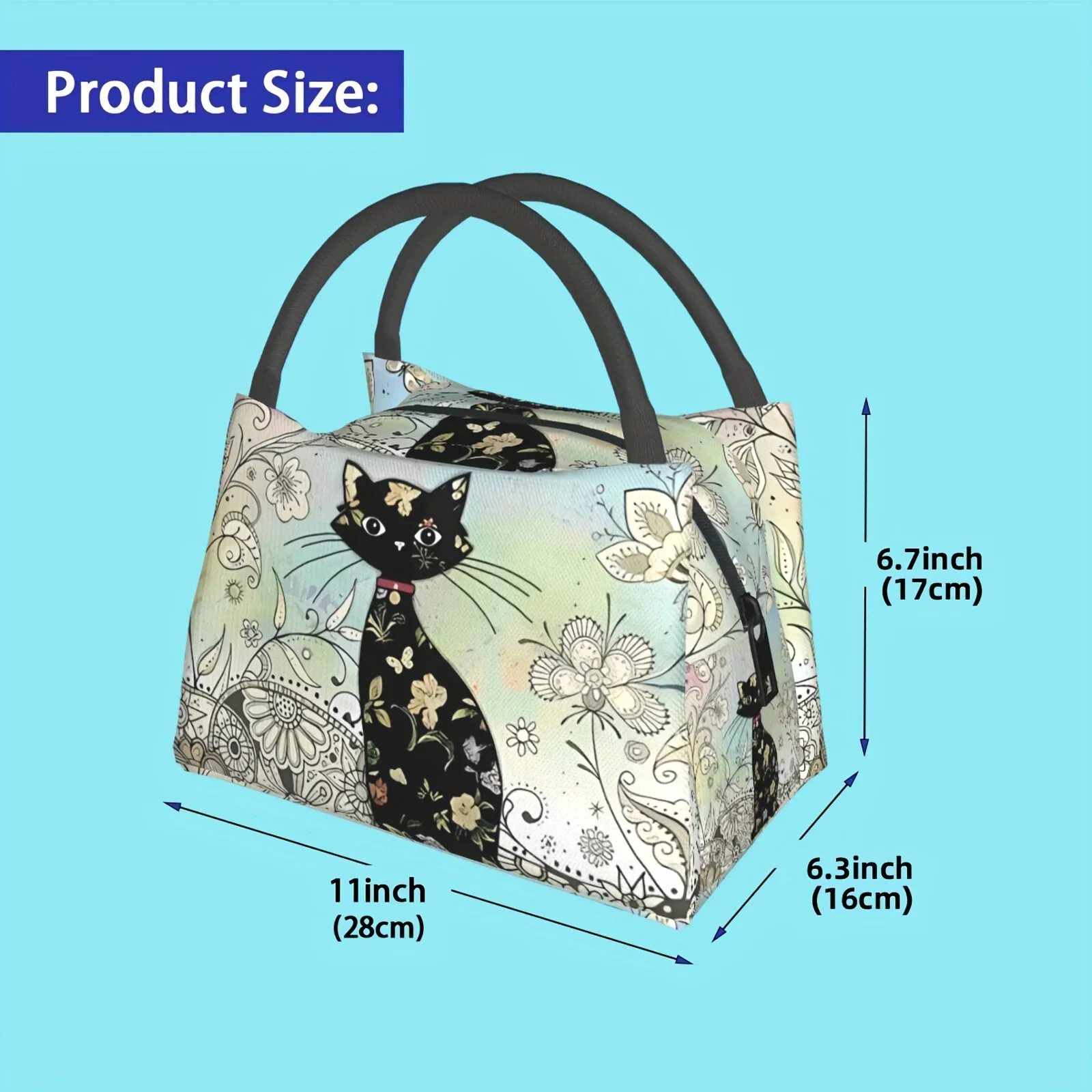 Artistic Floral Cat Portable Reusable Cooler Bag, Insulated Lunch Bag, Camping Picnic Beach Suitable for Home Work