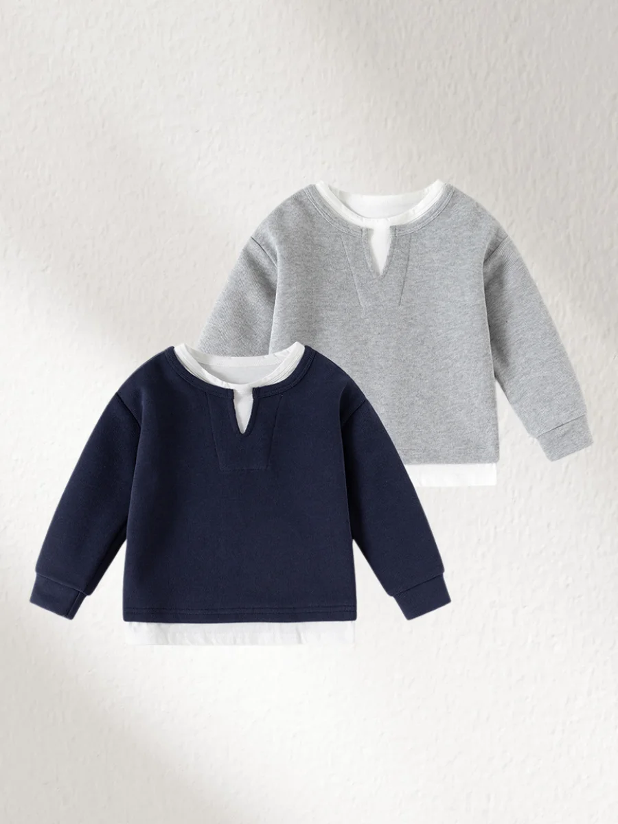 2026 Spring New Kids Pullover 2-6Y Boys Solid Color Fake Two-Piece Sweatshirt V-Neck Long Sleeve T-shirt Clothes