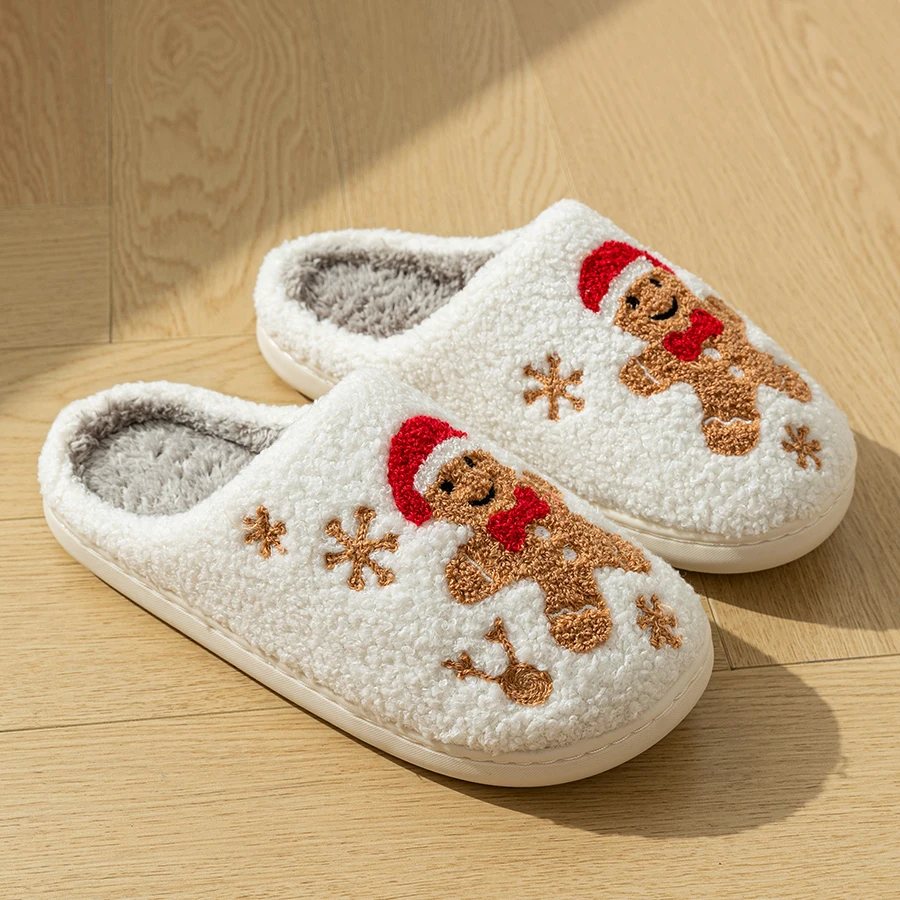 Women Slippers Christmas Cartoon Gingerbread Man Winter Indoor Warm Comfort Bedroom Soft Sole Lightweight Cotton Home Shoes