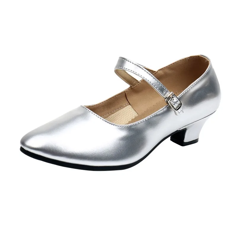 Silvery Women Latin Dance Shoes Low Heels Square Modern Dance Performance Shoes Leather Odor Resistant Wear Training shoes