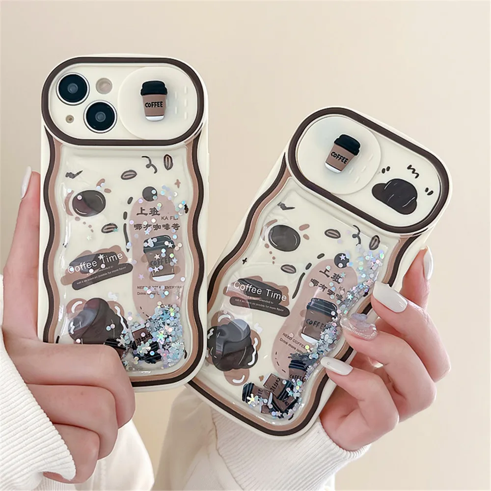 Liquidsand Coffee Time Push Window Lens Slide Camera Protector Phone Cases For iPhone 14 14Pro 11 12 13 Pro Max Shockproof Cover