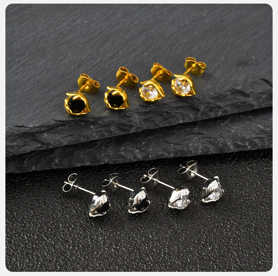 Vnox Kupfer-Ohrstecker mit schwarzem und weißem Zirkon für Männer und Frauen, gold- und silberfarbener Ohrstecker, 7 x 8,6 mm, minimalistischer Schmuck, Geschenke – Detail 7