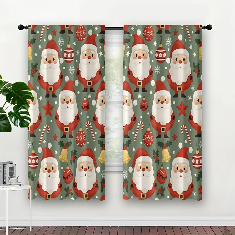 Santa Claus Curtain Panels, Xmas Santa Bauble Candy Cane Bell Snowflake Green Print Drapes for Christmas Bedroom Home Decor